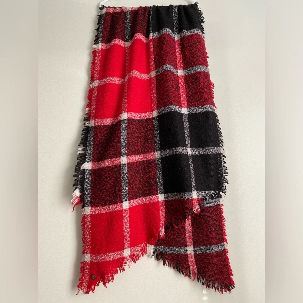 Express Red & Black Plaid Blanket Scarf Fringe Edge
